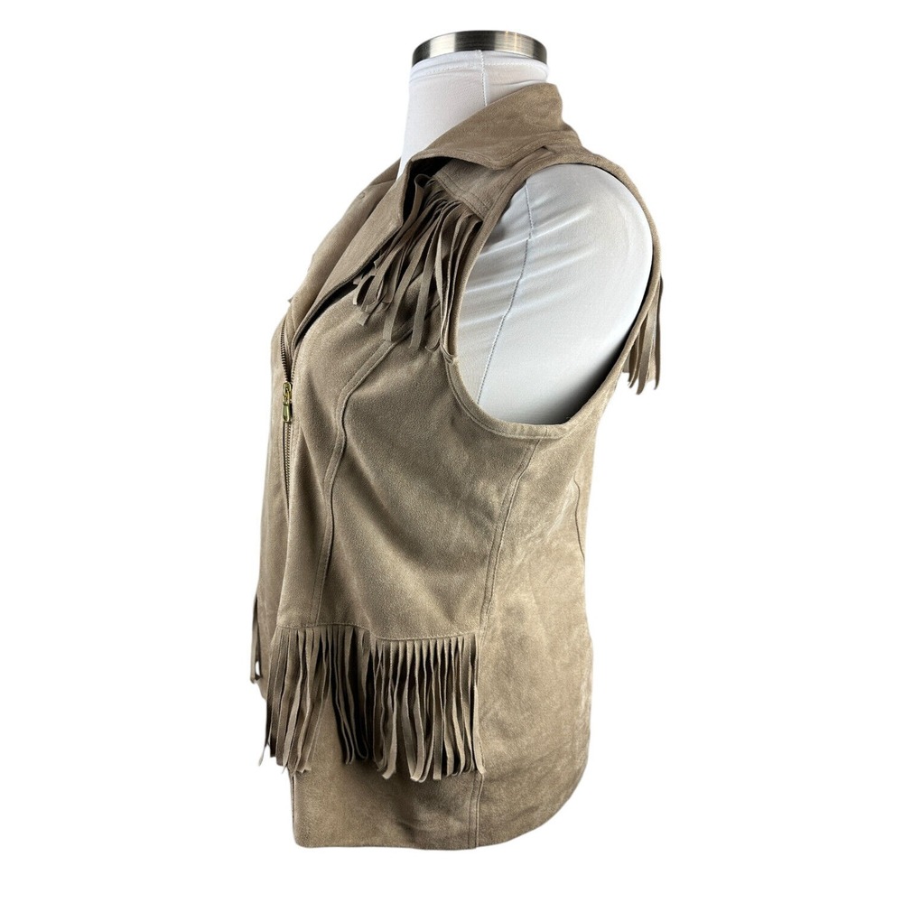 Chico's Faux Suede Fringe Vest Moto Zip Tan Size 2 Large 12 Fall Western Country - Picture 8 of 14